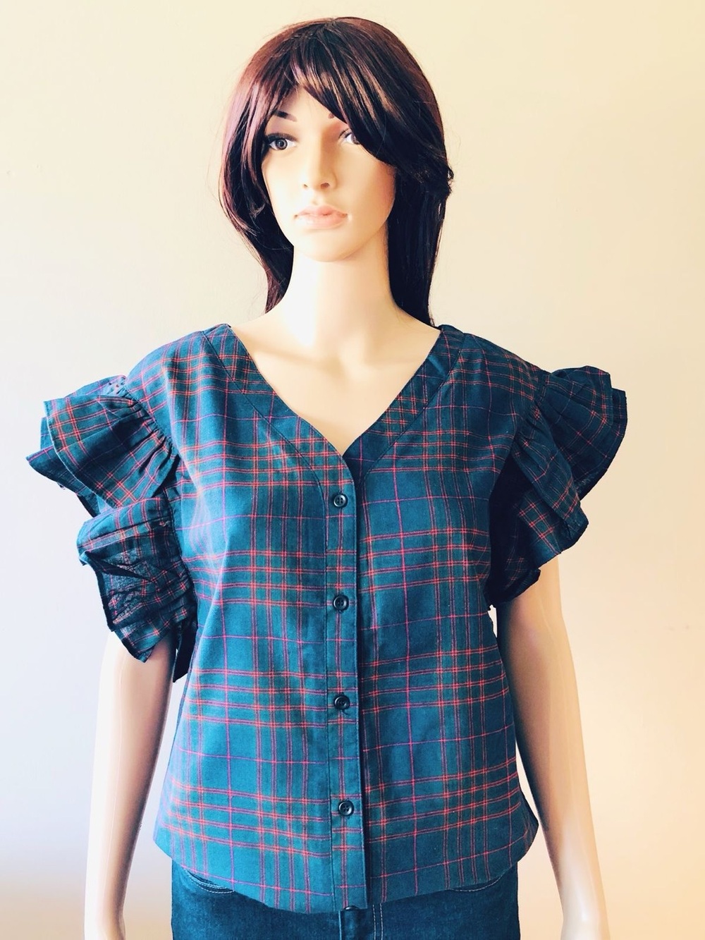 Plaid Ruffle Sleeve Button Up Top - Picture 2 of 9